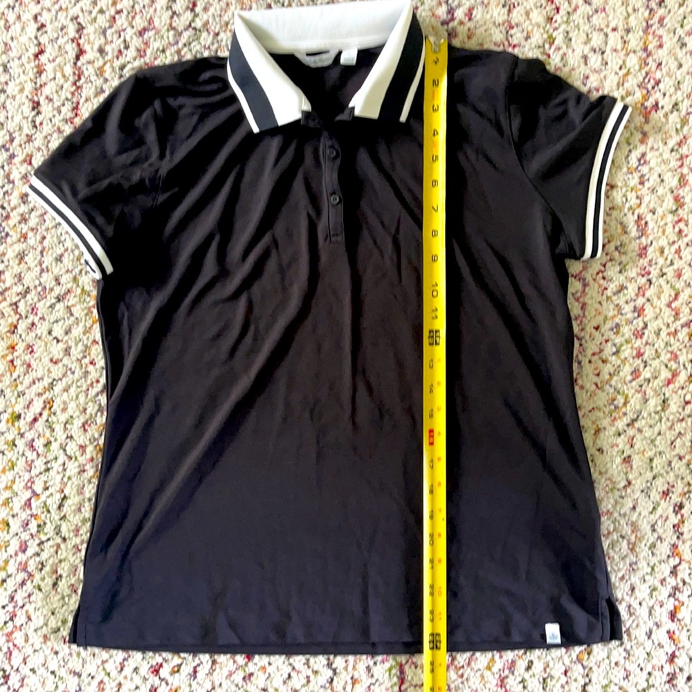 Golf polo by Lady Hagan, black button up with black and white collar and sleeve
